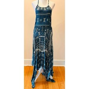 NWT Raga Teal Blue Geometric Print Halter Handkerchief Maxi Dress Pom Pom Med